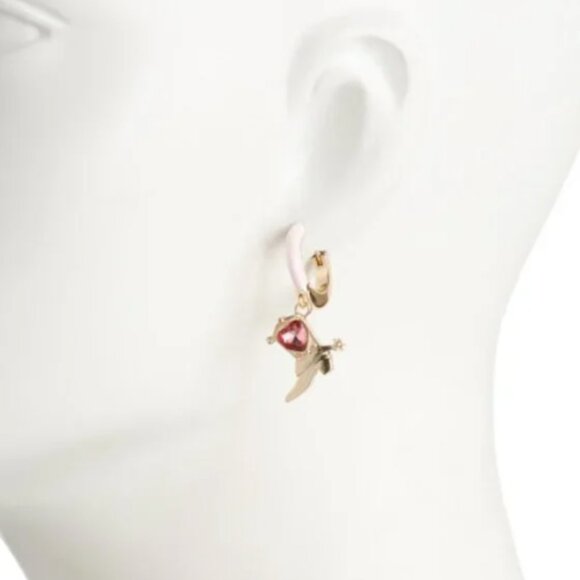 Betsey Johnson Gold Cowgirl boot earrings with pink heart charms - NEW - Picture 2 of 5